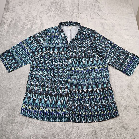 Catherines Shirt Womens 1X Blue Green Waterfall Ikat Timeless Stretch Blouse - Picture 1 of 7